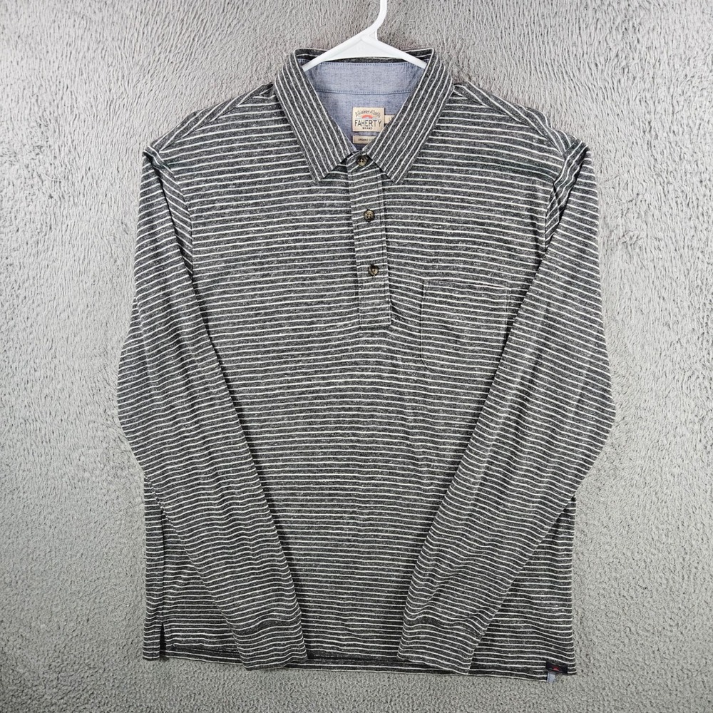 Faherty Brand Mens Large Gray Striped Organic Cotton Long Sleeve Polo Shirt